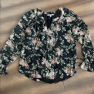 Daniel Rainn Black Floral Blouse with Pink and Green Accents